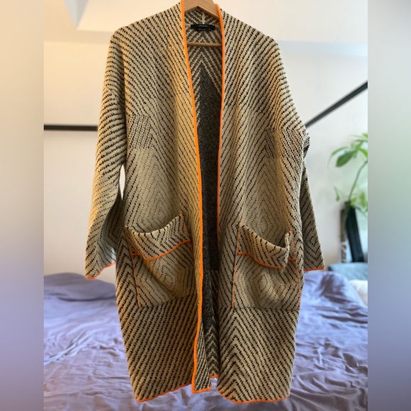 Nordstrom Patterned Reversible Open Cardigan, Size M, Cream/Orange